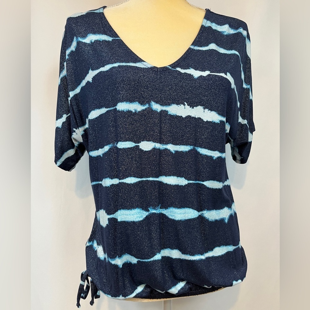 Blue Stripe Glitter, V-Neck, Wide Short Sleeve Blouse Elastic Waist Size Small